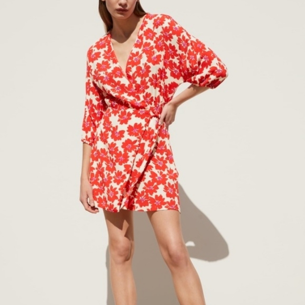 ZARA- Red Floral Wrap Mini Dress- Medium